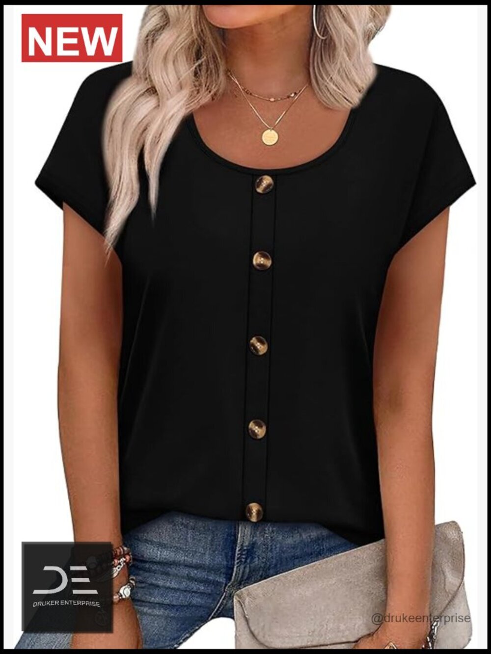U-Neck Cap Sleeve T-Shirt with Decorative Buttons Soft Polyester Blend
